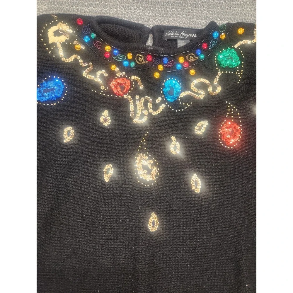 Vtg 80s Work in Progress Silk Angora Sweater Black Knit Sequin Gladys Bagley Lg.